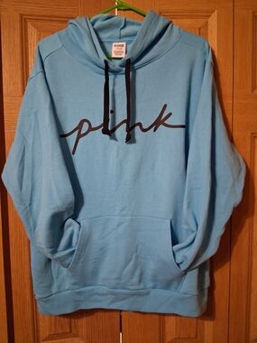 PINK Victoria's Secret Light Blue Hoodie with Black Drawstrings